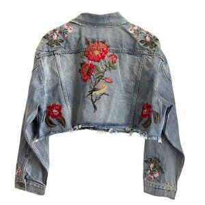 GRLFRND Womens Denim Jacket Size L Floral Embroidered Cottagecore Boho USA